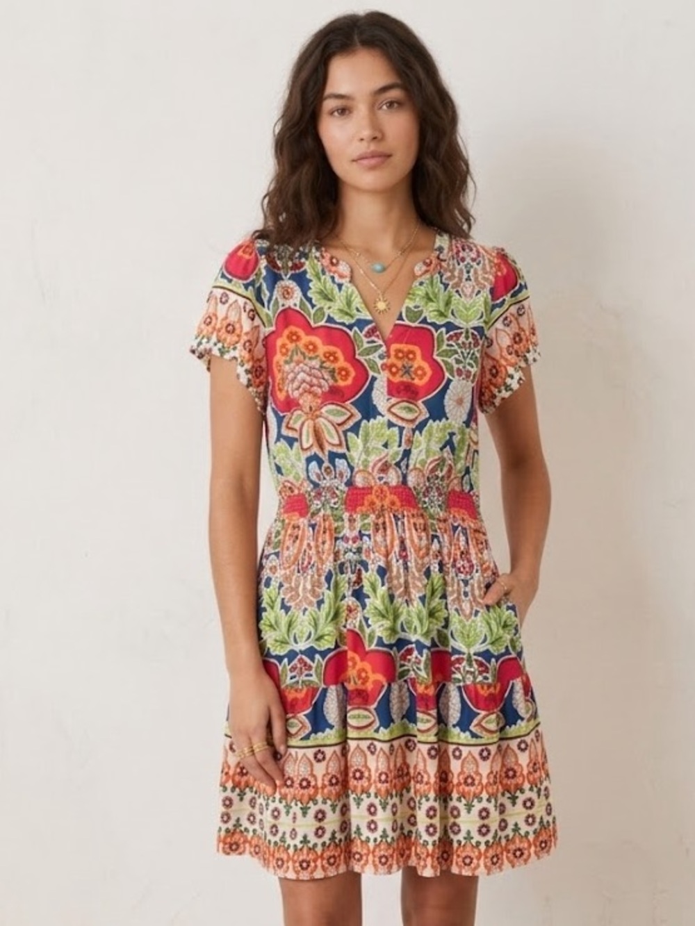 Umgee Boho Floral Paisley Multicolor Print V-Neck Smocked Waist Dress K8499 Smal